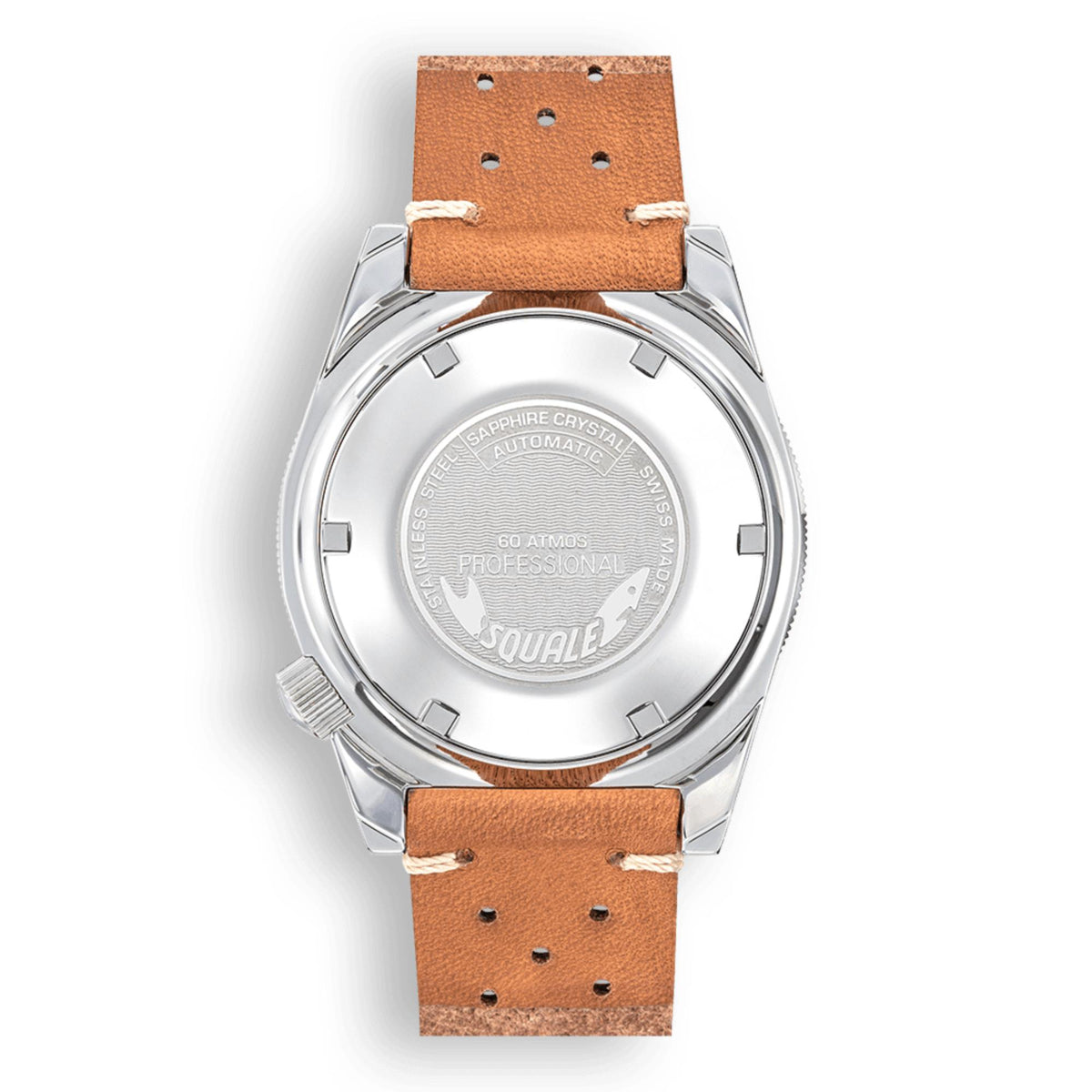 Men's steel case watch with tan leather strap, caseback view with engraved markings