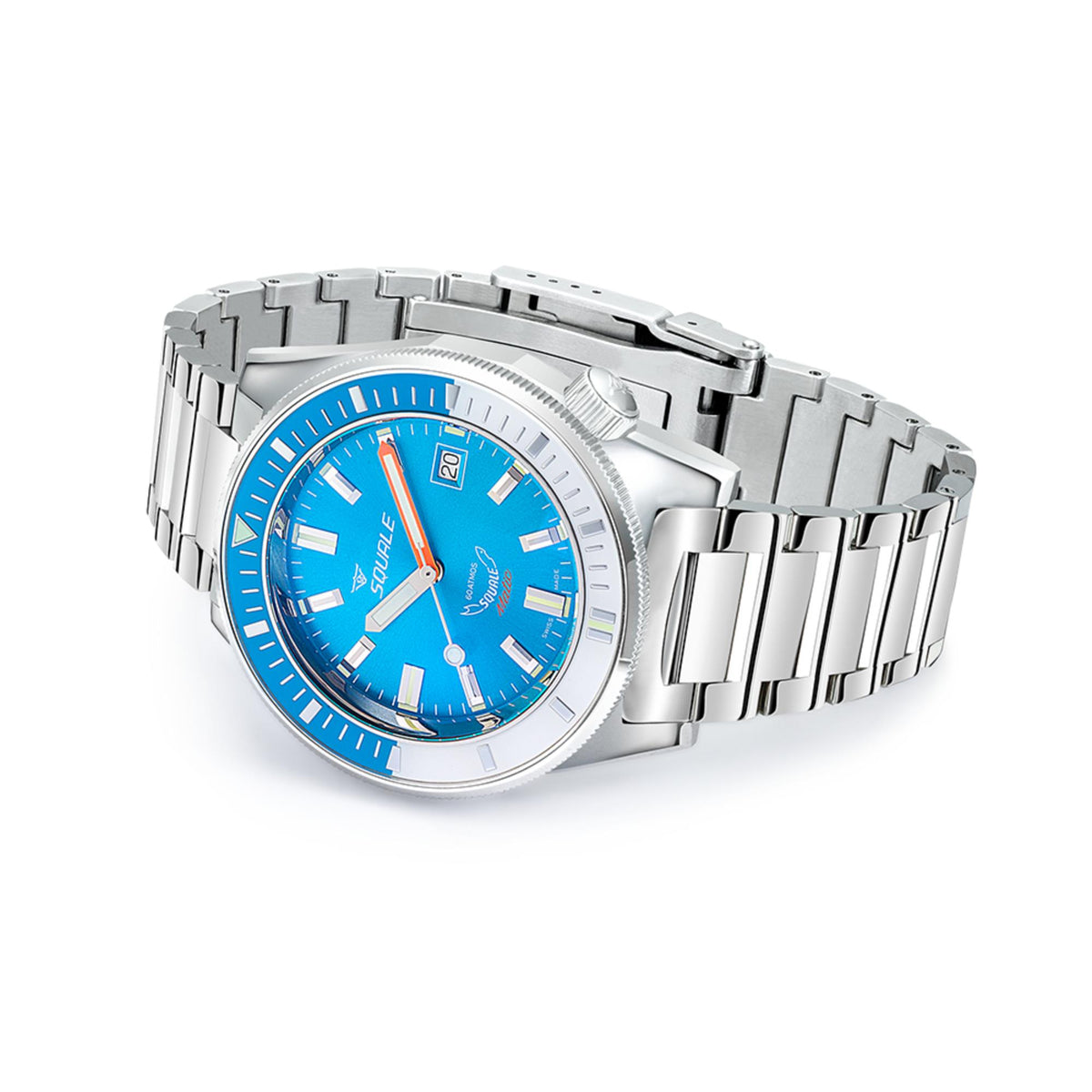 Blue dial men’s automatic wristwatch with steel bracelet, crown, and bezel markers