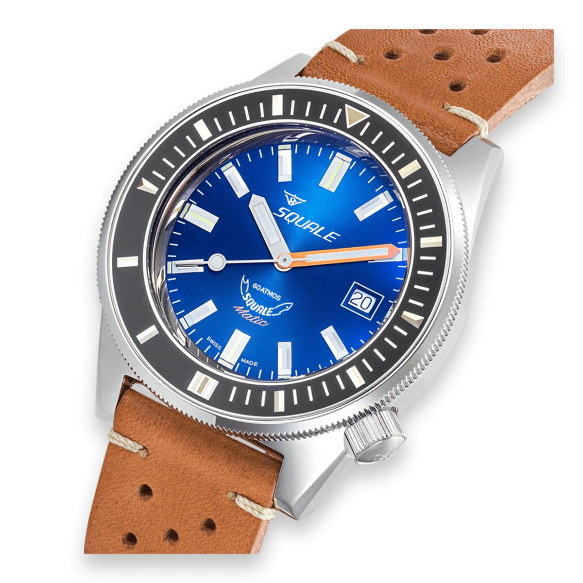 Men's automatic watch angled view: dark blue dial, stainless bezel, tan leather strap