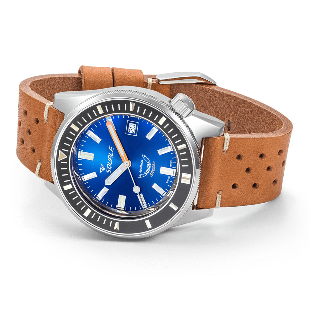 Men's automatic watch with dark blue dial and tan leather strap, side view on wrist