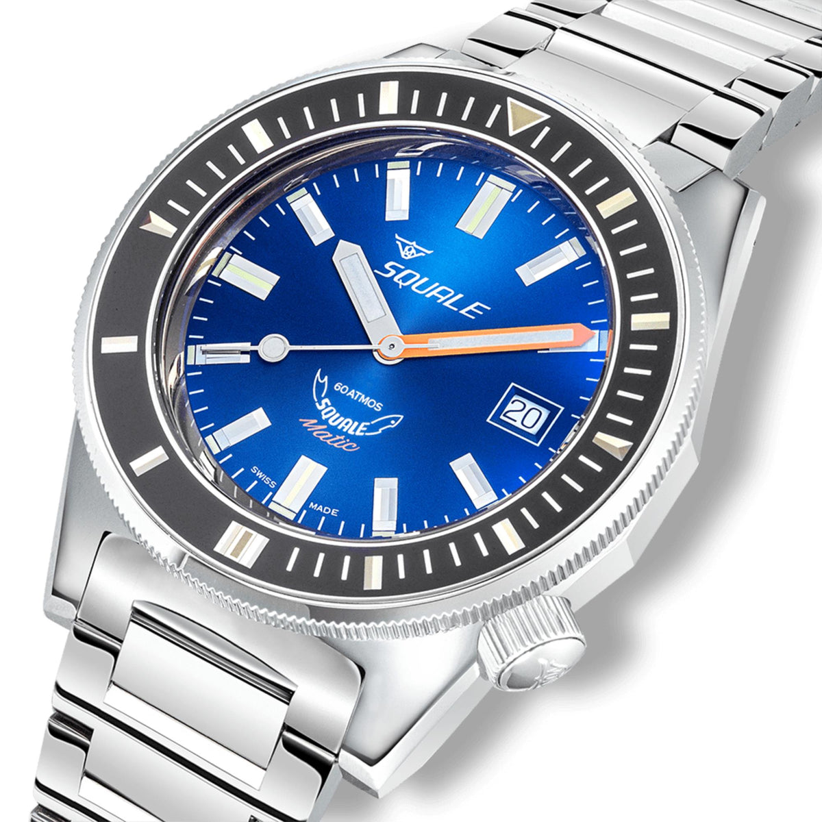 Men's automatic steel watch with dark blue dial, crown at 4 o'clock, bezel markers