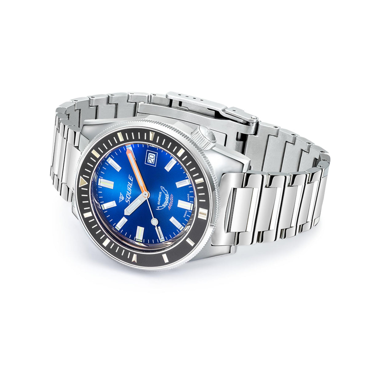 Men's automatic steel watch on linked bracelet, dark blue dial with bezel and orange hands