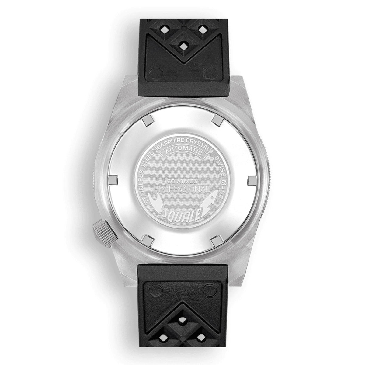 Men's automatic watch case back with black rubber strap, silver stainless steel back