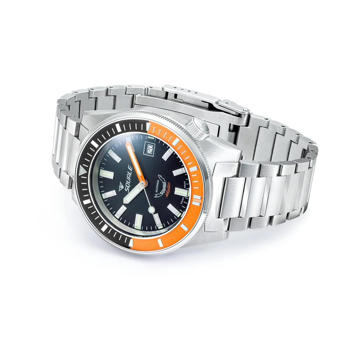 Men's steel dive watch with black dial and orange bezel accents, linked bracelet, crown