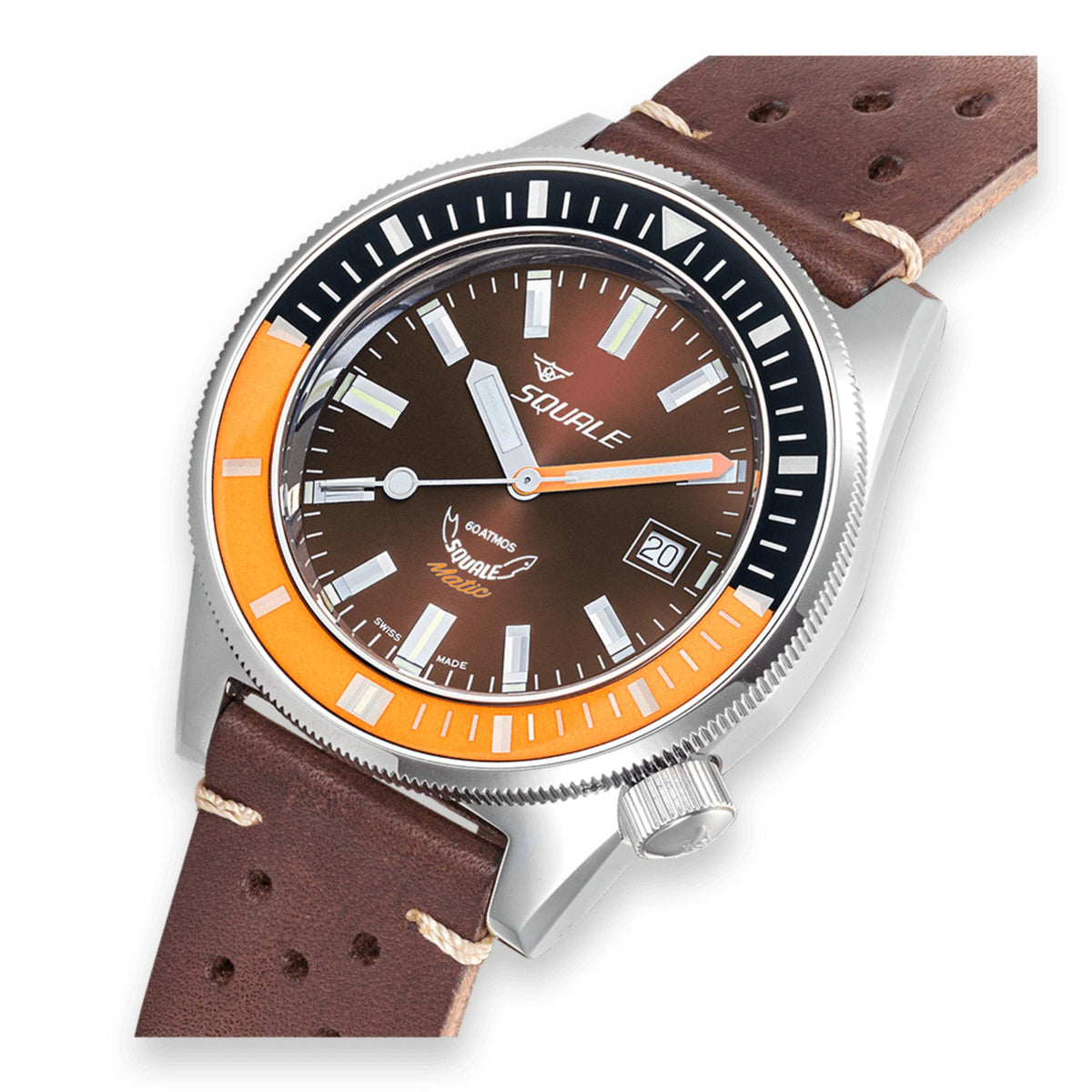 Men's automatic watch with brown leather strap, brown dial, orange and black bezel