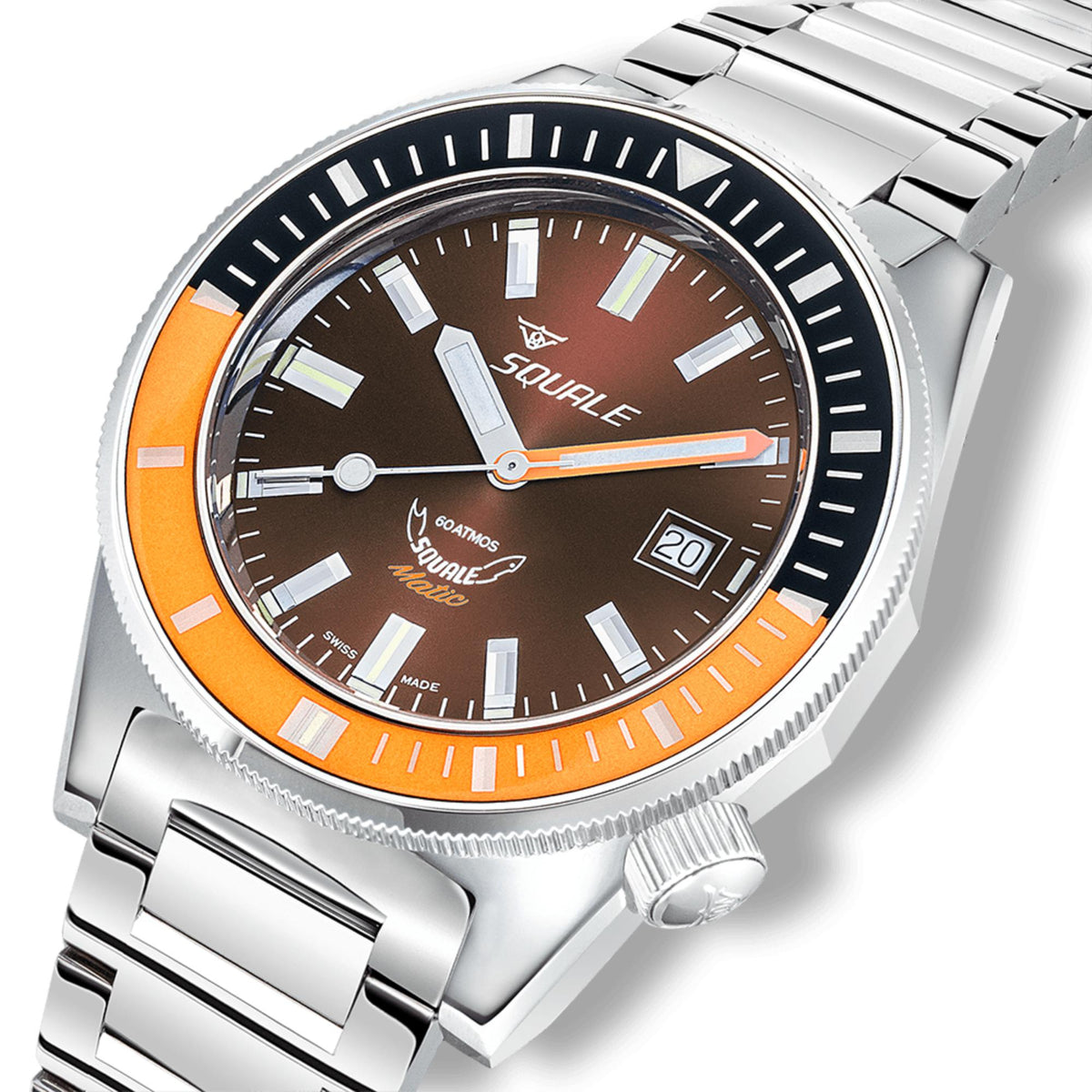 Men's automatic watch with brown dial, orange bezel, and steel bracelet