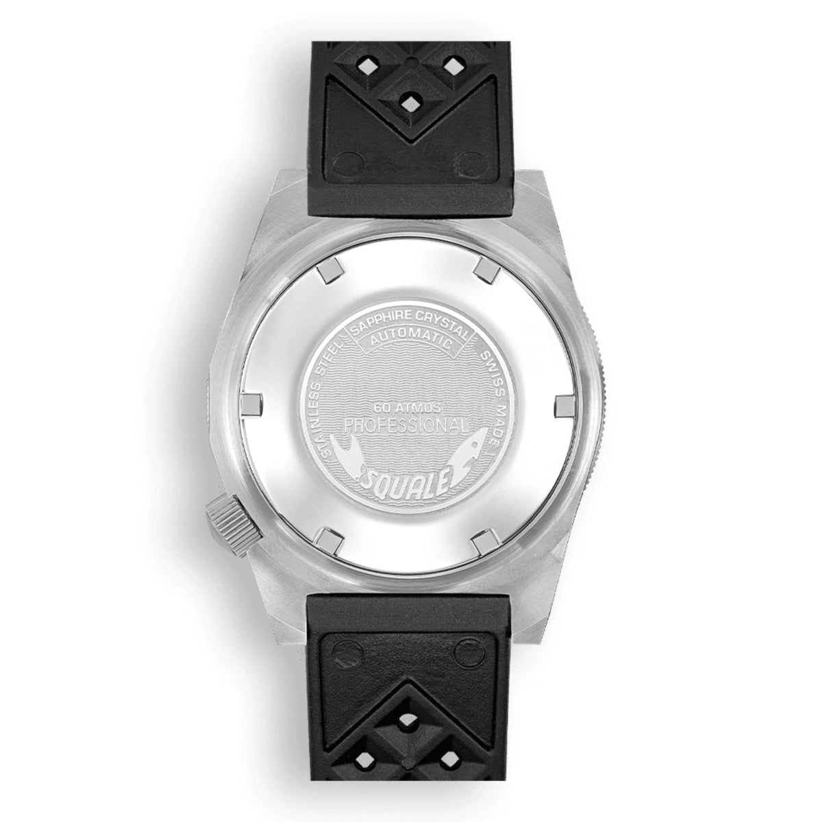 Men's automatic watch caseback with engraved stainless case and rubber strap