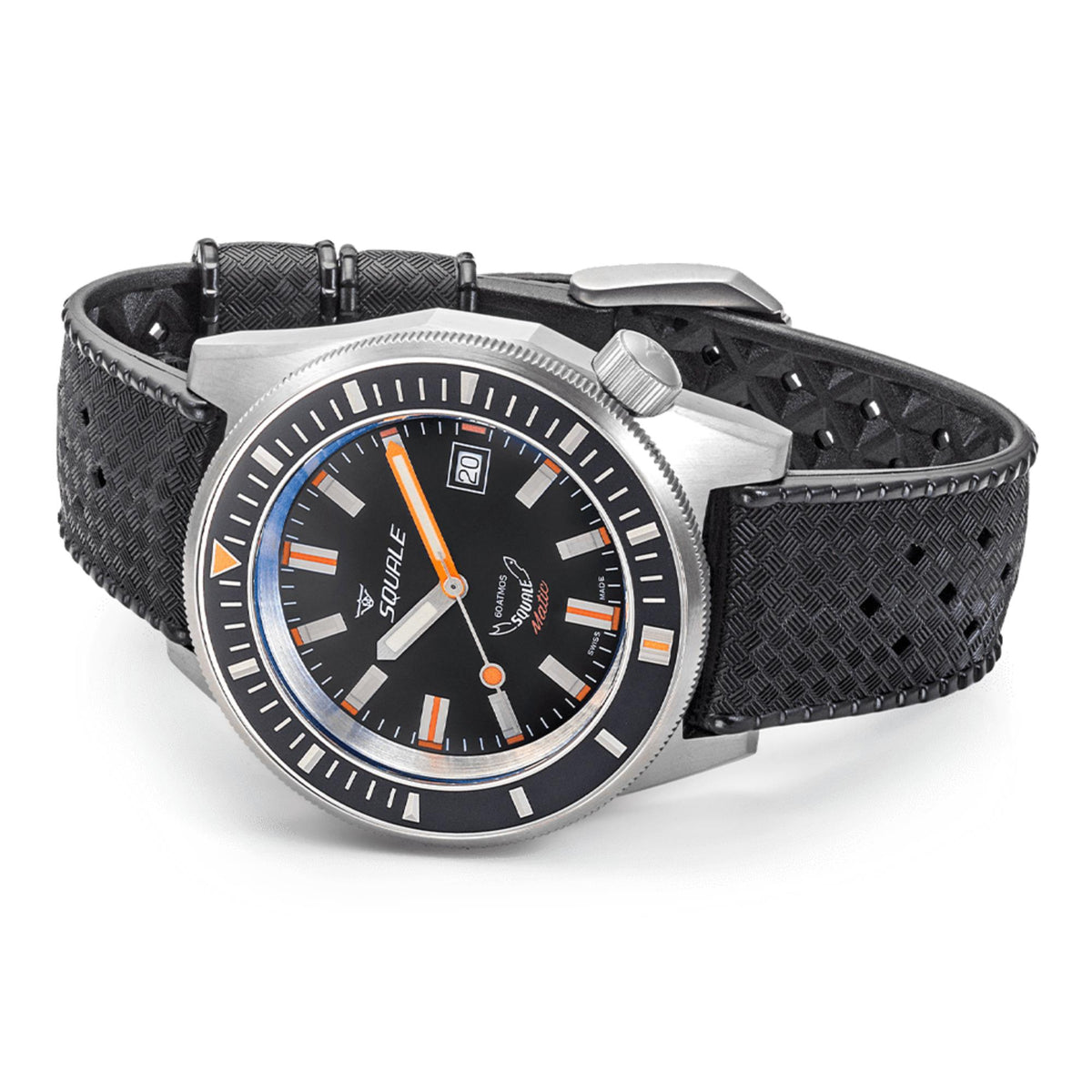 Men's automatic watch on textured black rubber strap with black dial and metal crown