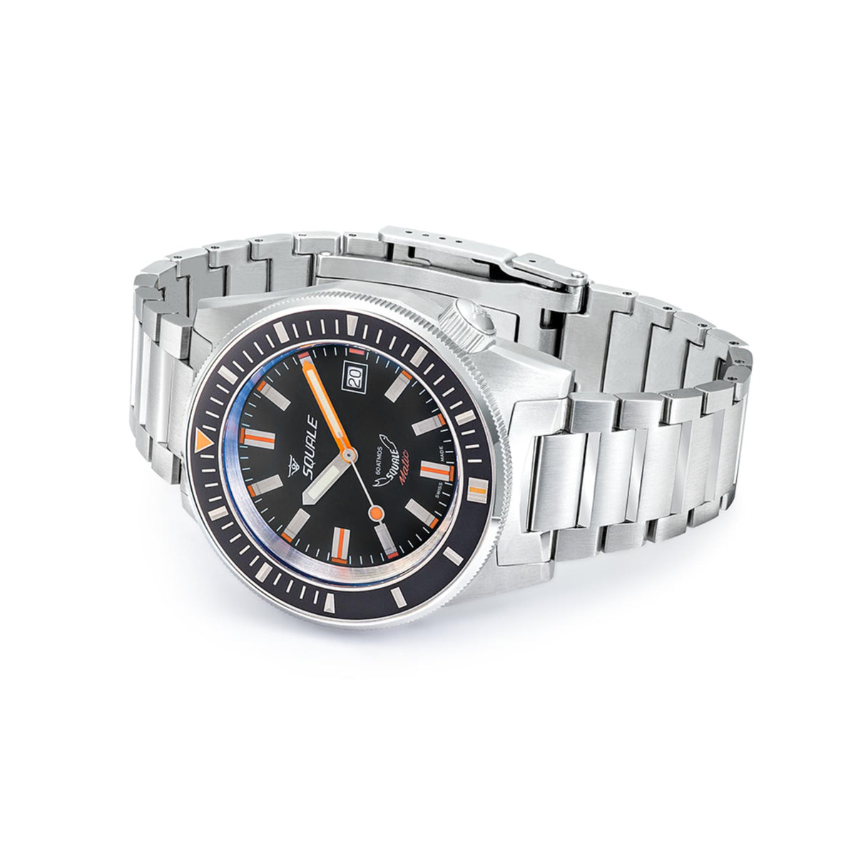 Stainless steel men's automatic watch on metal bracelet, angled side view with crown