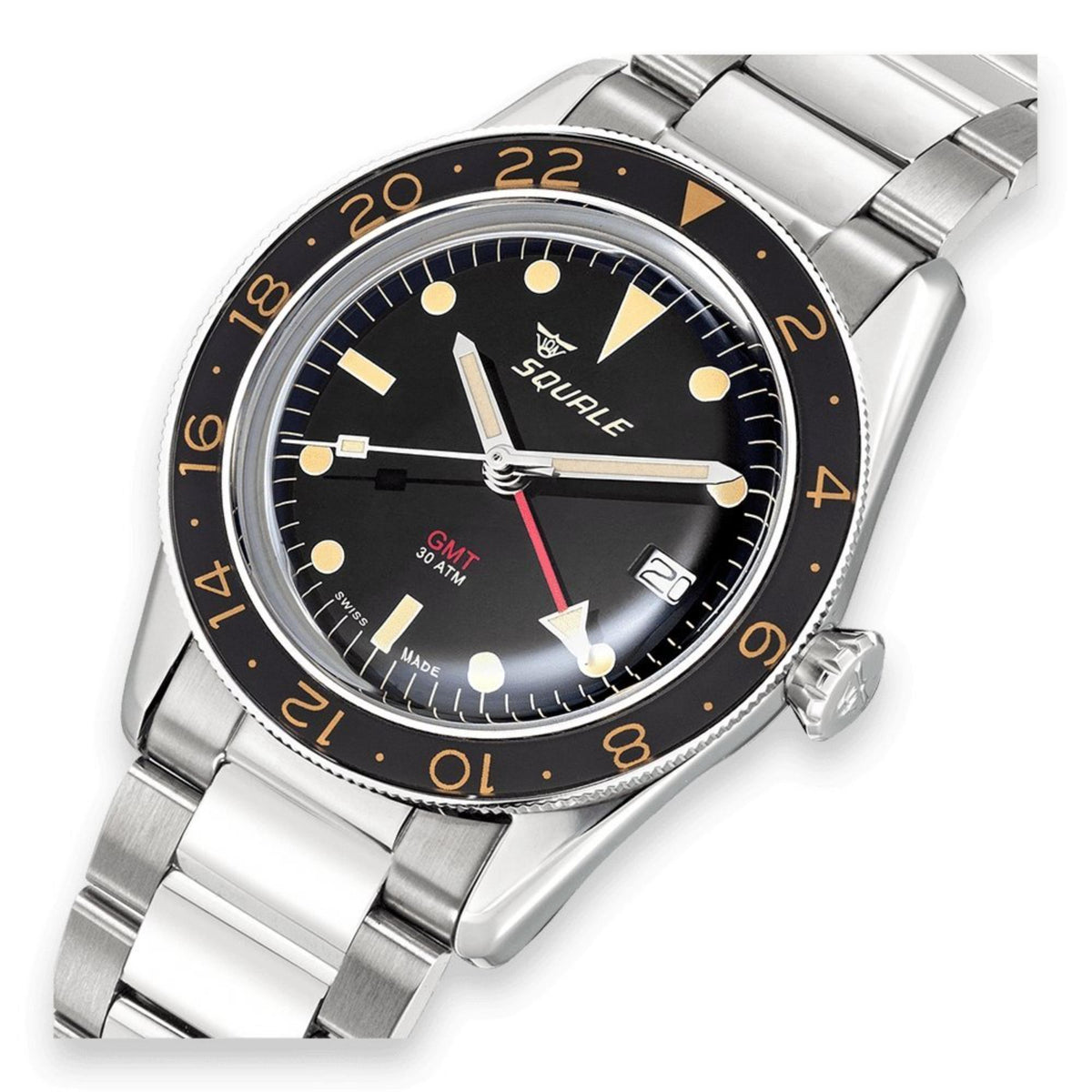 Men's automatic diver watch with black dial, orange bezel numbers, and steel bracelet
