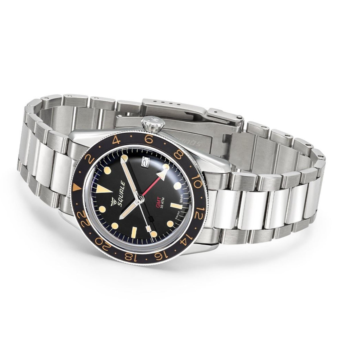 Stainless steel bracelet watch with black GMT dial and orange bezel markings