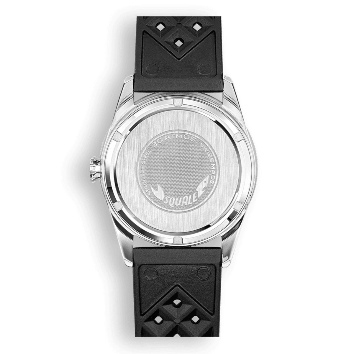Men's watch caseback with silver bezel and black patterned rubber strap