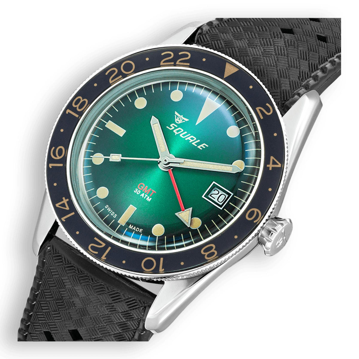 Men's sports watch with green dial, dark blue bezel, and black rubber strap