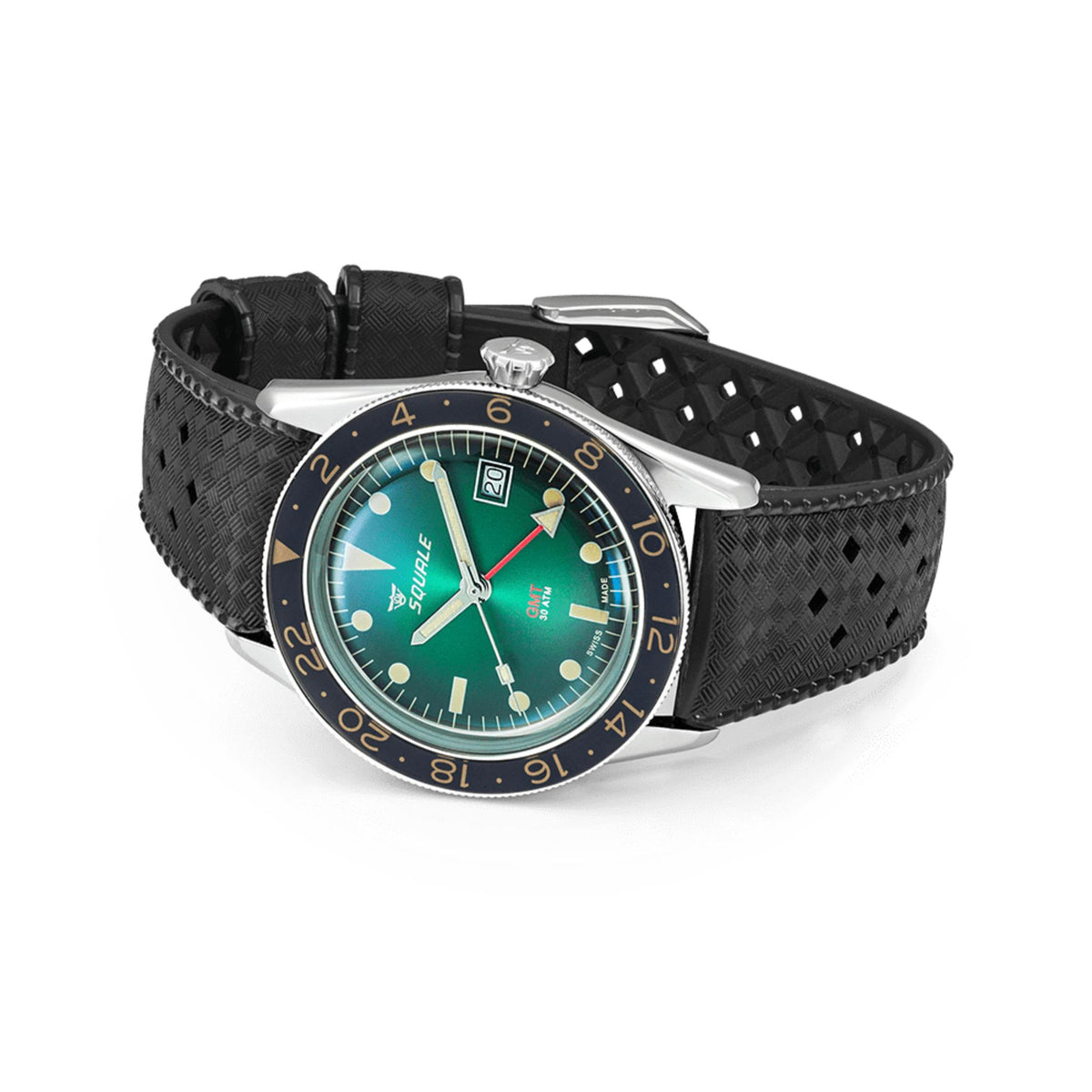 Men's watch on black textured rubber strap with green dial and dark blue bezel ring