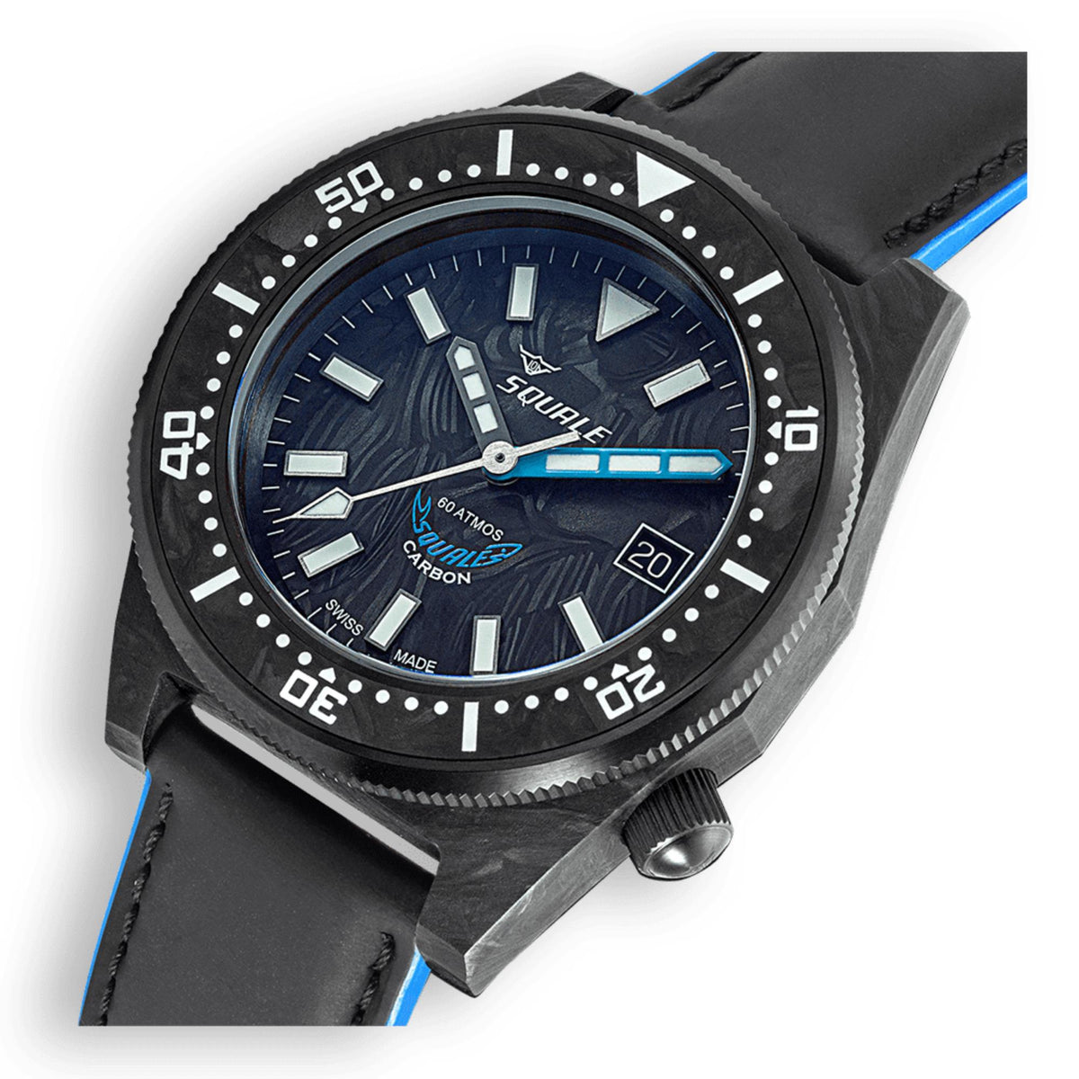 Men's watch close-up: blue carbon dial with luminous markers, black forged carbon case
