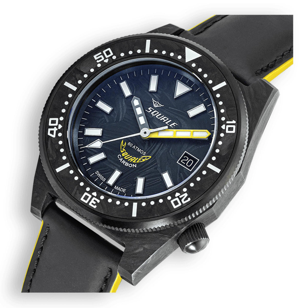 Men's blue dial diver watch with black bezel, white markers, yellow seconds hand