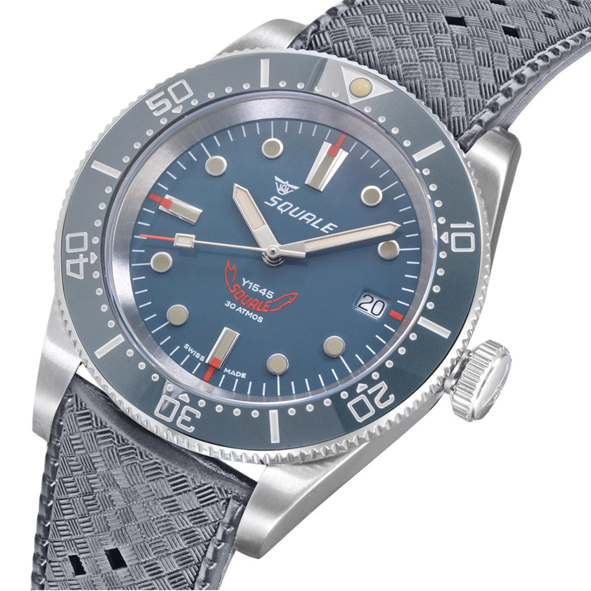 Men’s automatic watch with blue dial, steel bezel, and gray patterned rubber strap.