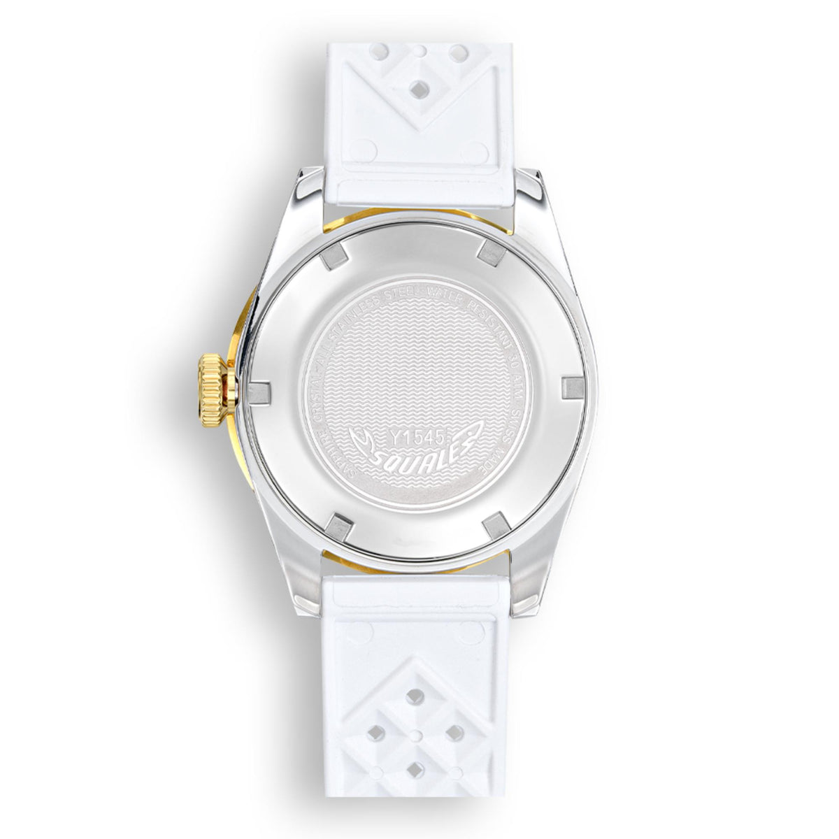 Men's automatic watch with white dial, gold bezel accents, white rubber strap