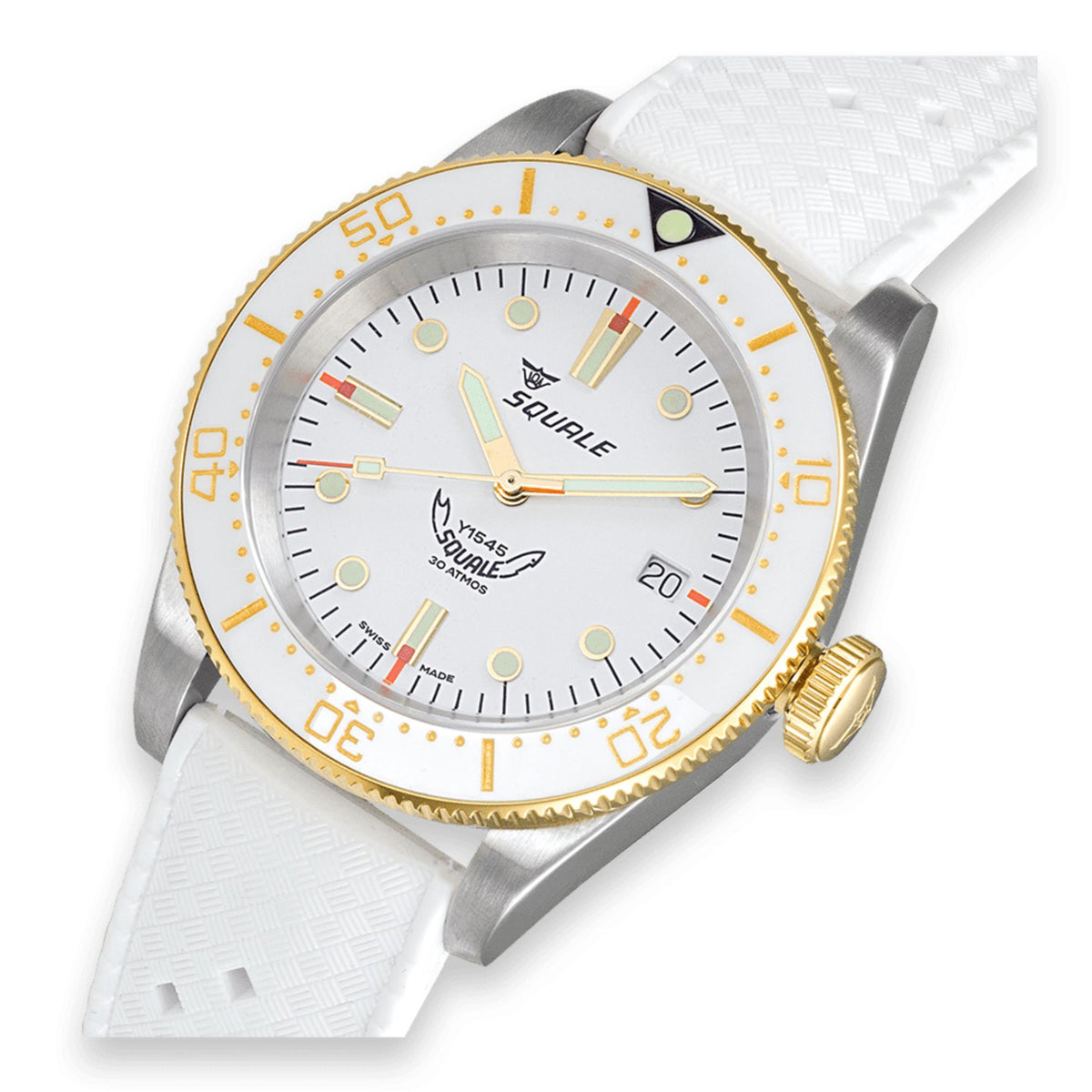 Men's automatic watch on white rubber strap, white dial with gold markers and bezel