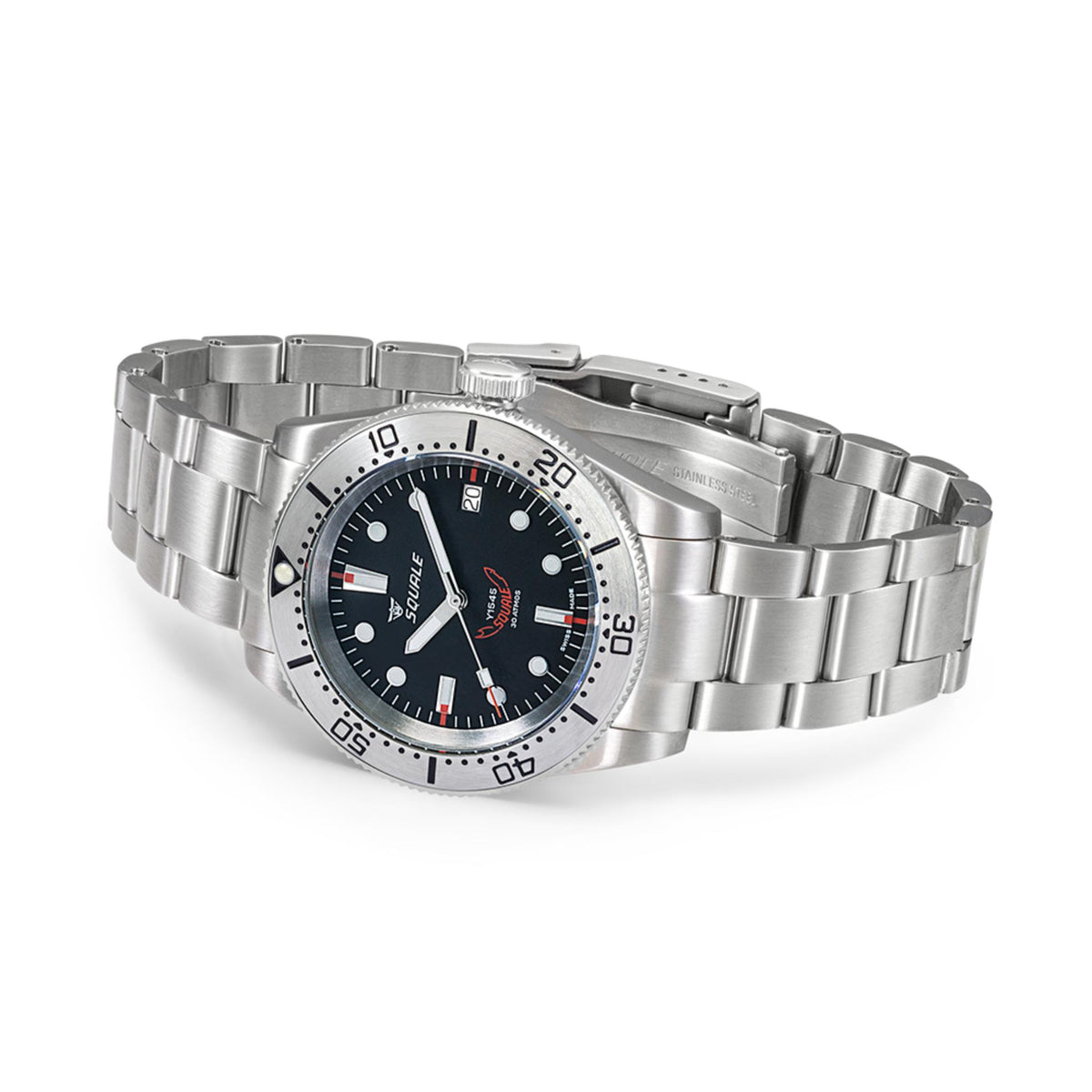 Men's automatic watch on stainless steel link bracelet with dark blue dial and silver bezel