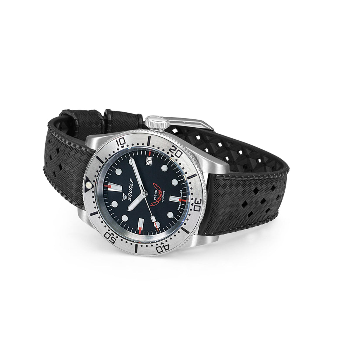 Men's steel diver watch with black textured dial and patterned black rubber strap