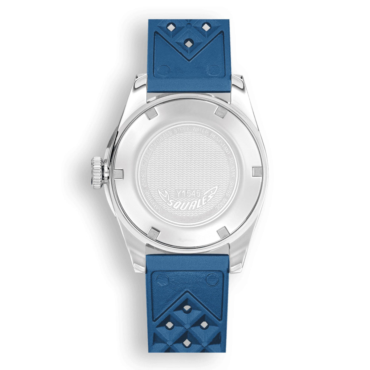 Squale 1545 steel automatic men's watch, blue rubber strap and stainless case back