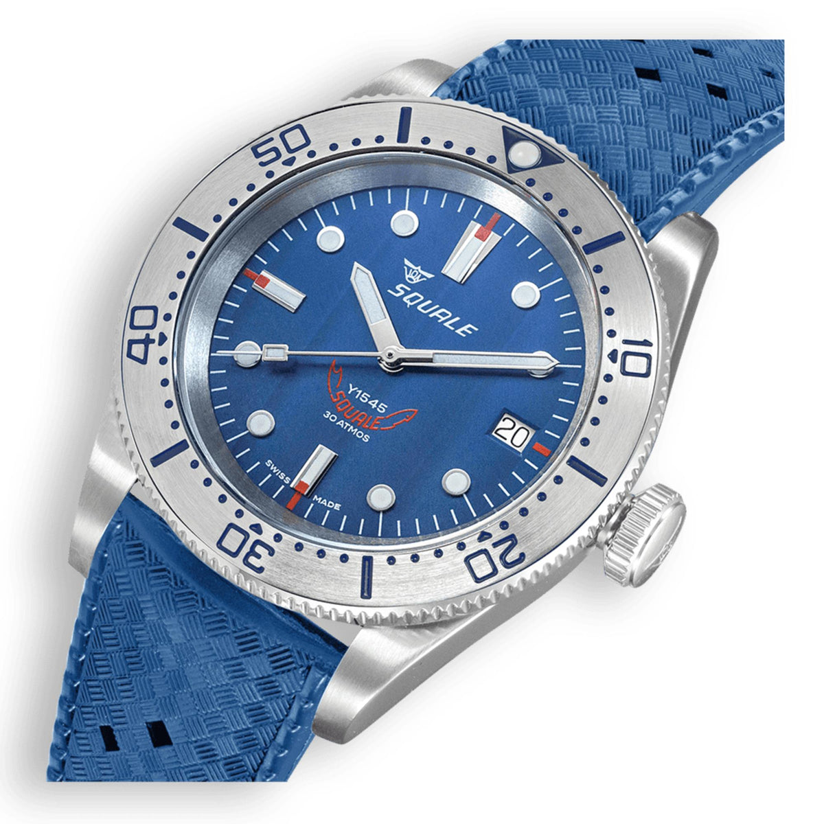 Squale 1545 steel automatic men's watch with blue dial, date window at 20 o'clock
