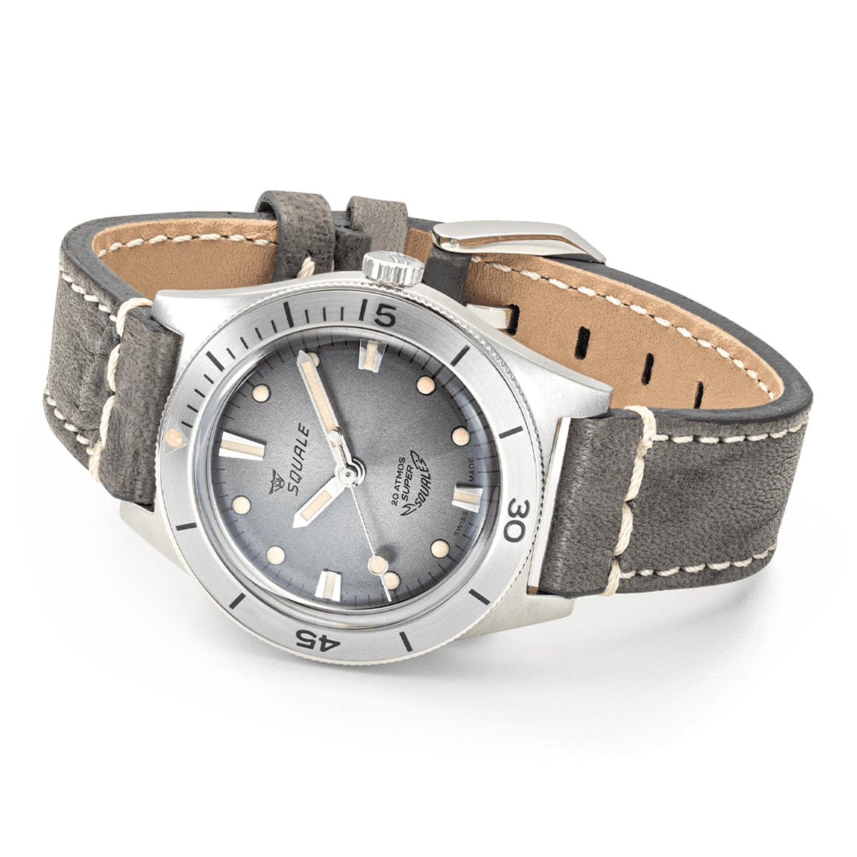 Men's automatic diver watch with dark grey leather strap and round bezel with markers