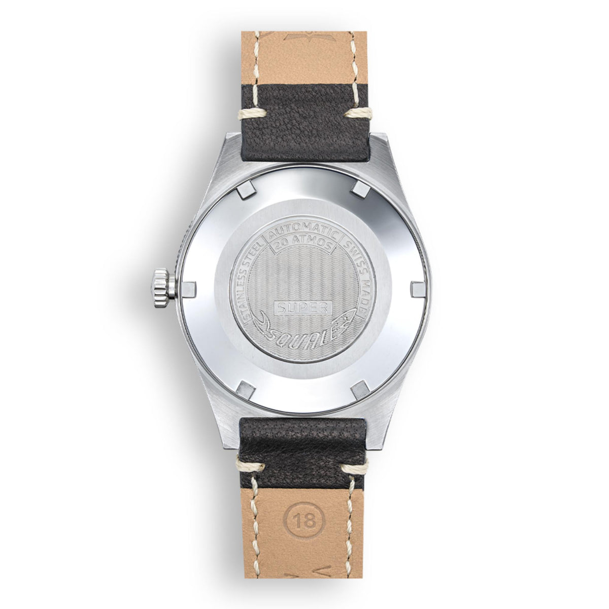 Men's automatic watch caseback with engraved shield, black leather strap, silver-tone finish
