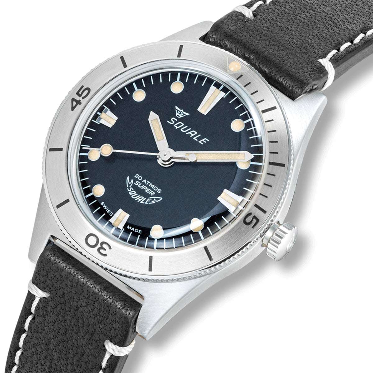 Round men's watch with black dial, gold-tone hands and markers, black leather strap