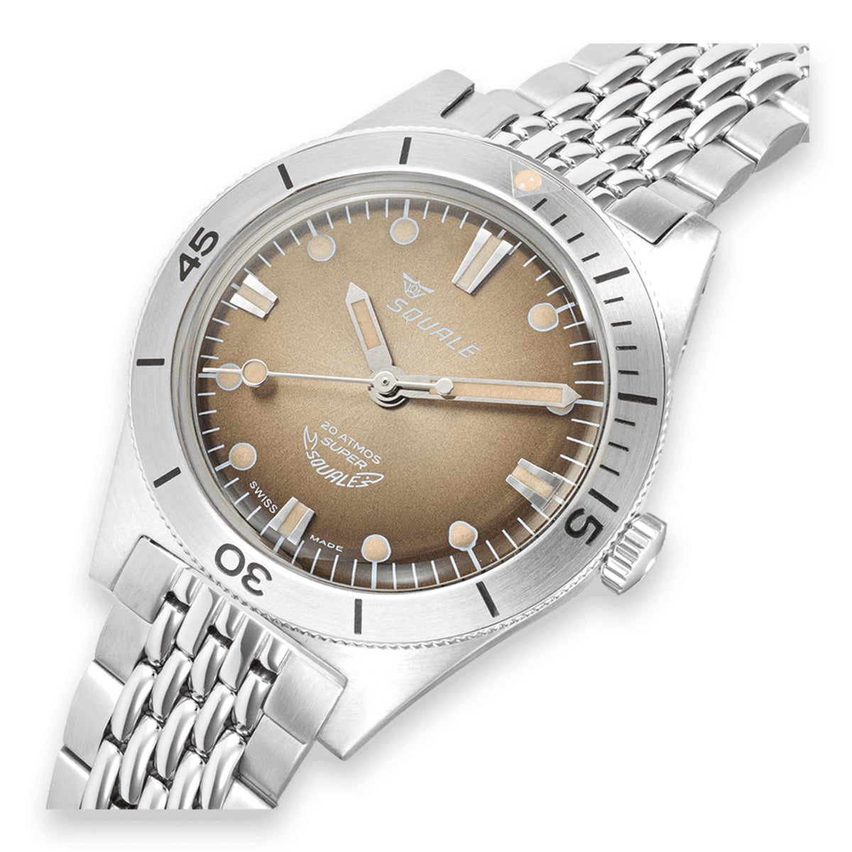 Men's Squale automatic watch, brown sunray dial with baton markers, steel bracelet