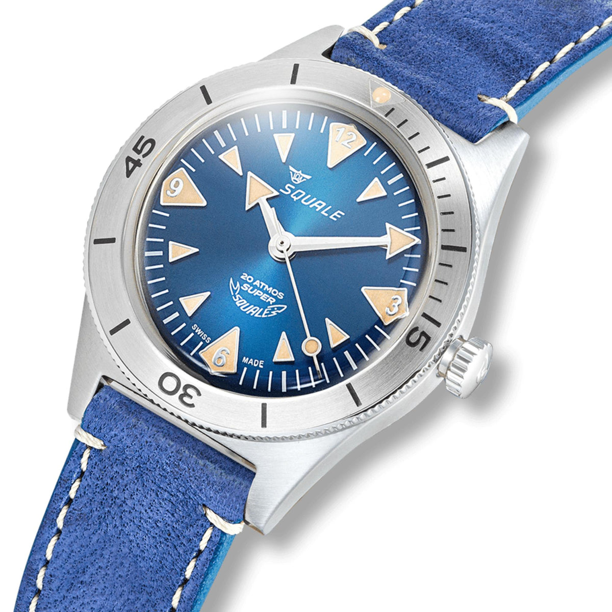 Men's blue dial automatic watch with silver case and blue leather strap