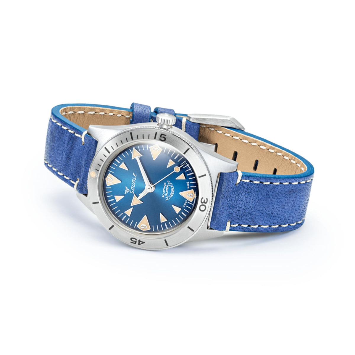 Men's blue dial leather strap watch with silver bezel and stitched blue band