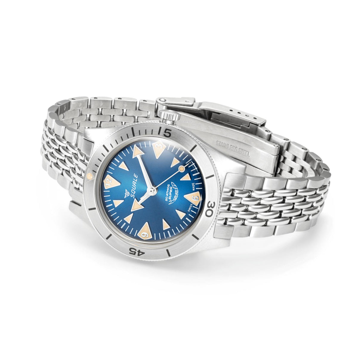 Men's stainless steel diver-style watch with blue dial and steel link bracelet, side view