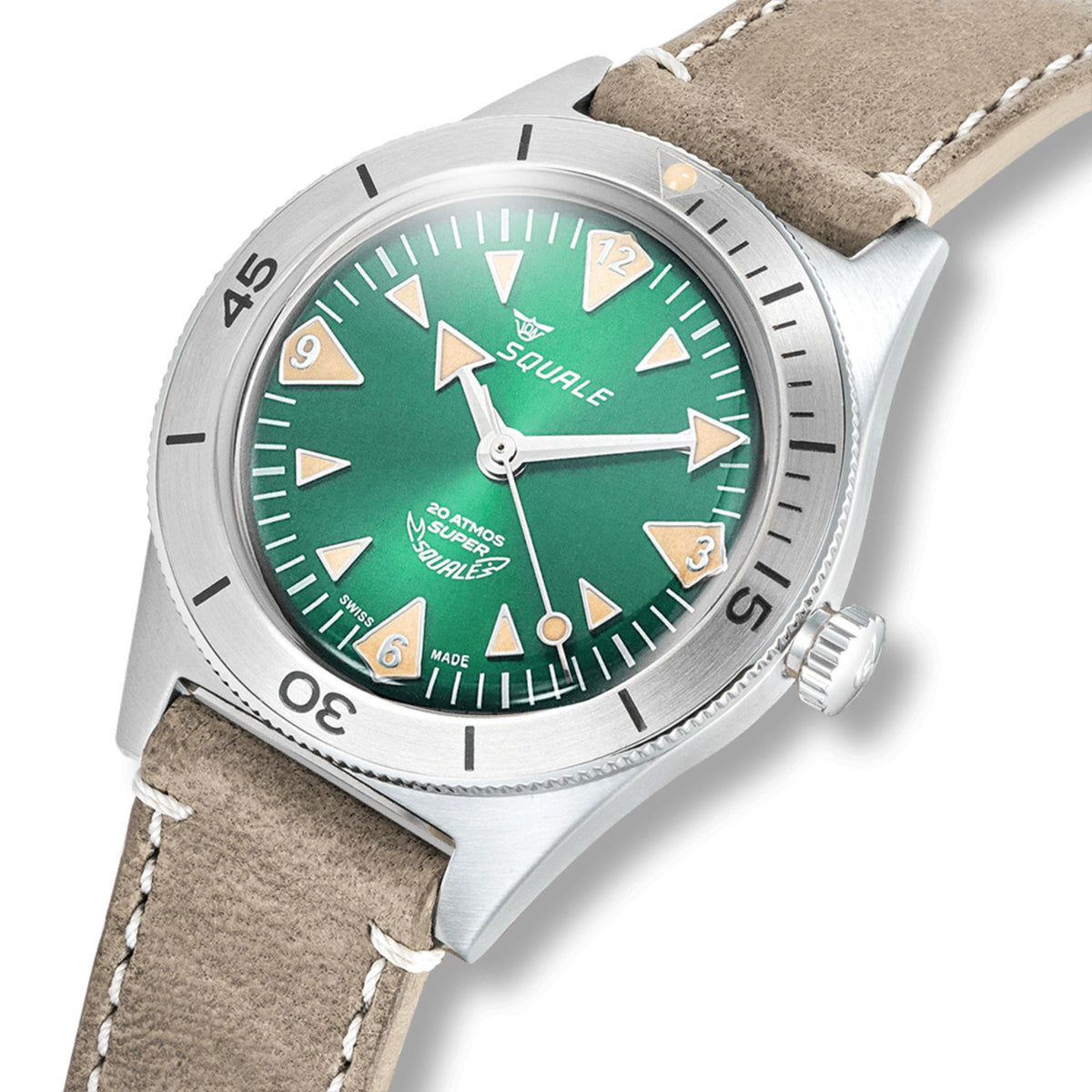 Men’s watch with green dial, triangle hour markers, and tan leather strap