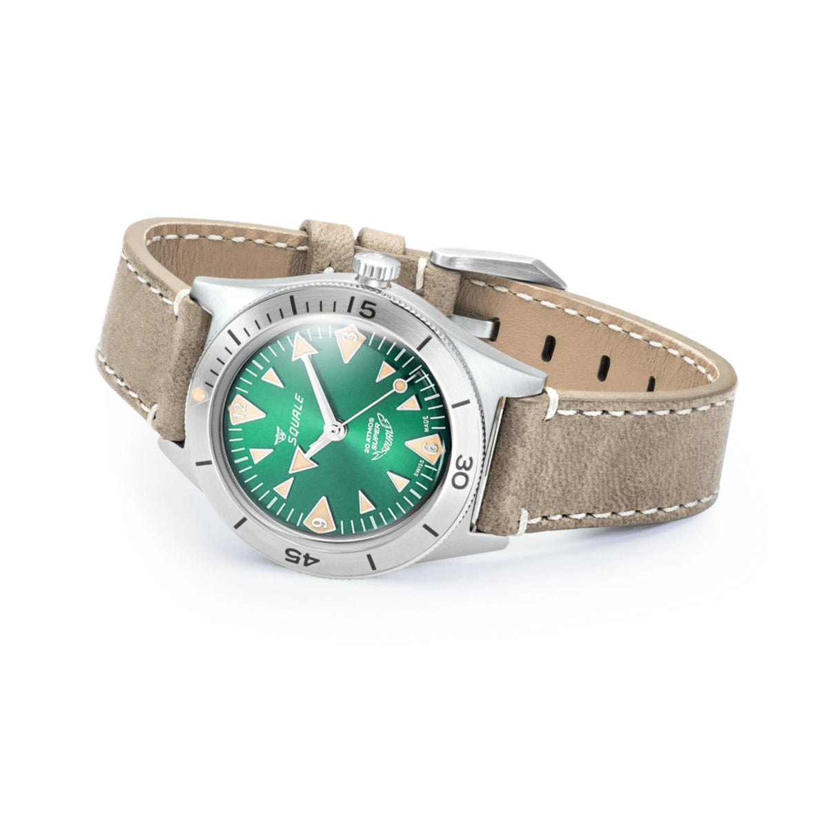 Men’s automatic watch showing green dial and tan leather strap in side view