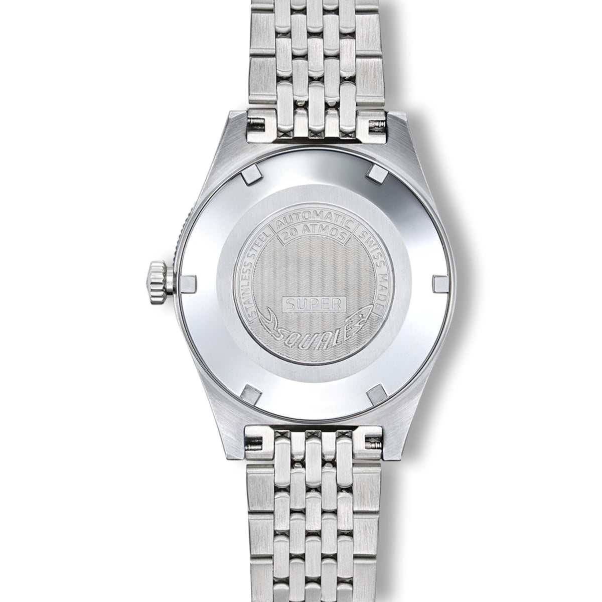 Stainless steel watch with link bracelet, visible case back medallion engraving