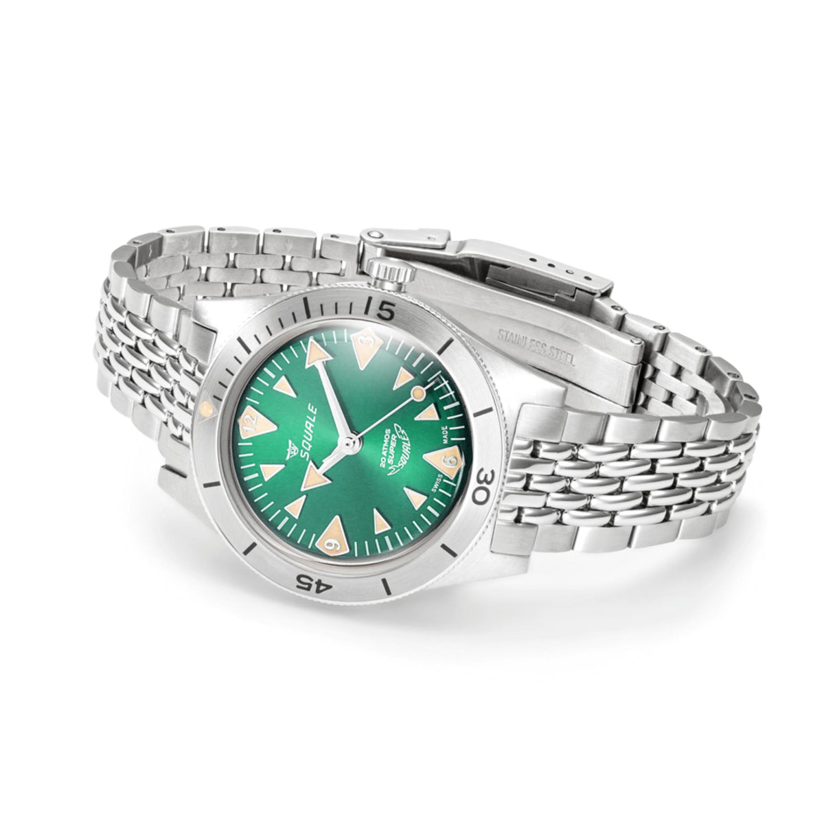 Men's automatic watch in silver with green dial, steel bracelet and bezel minute markers