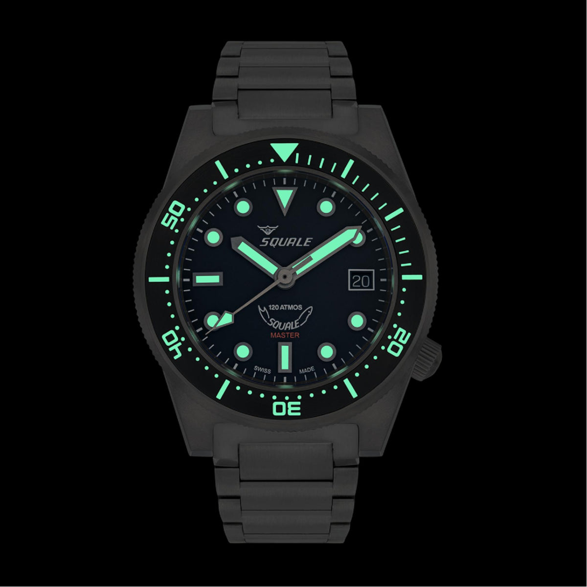 Black-dial titanium watch with steel bracelet, luminous green markers and date window