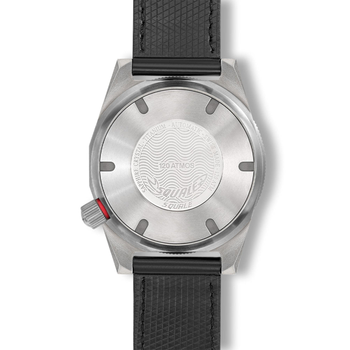 Men's watch caseback with engraved “120 ATMOS”, black leather strap.