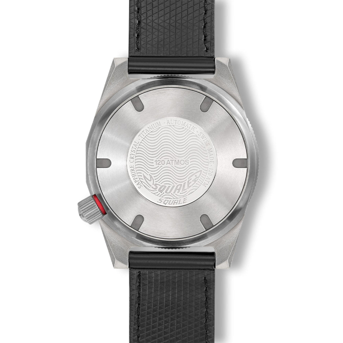 Men's automatic watch backplate with markings on black leather strap, steel case