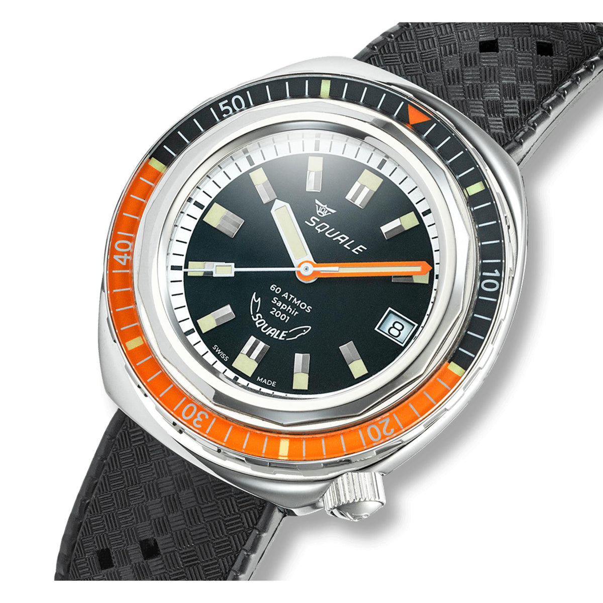 Men's automatic watch with dark green dial, orange accent bezel, black patterned rubber strap