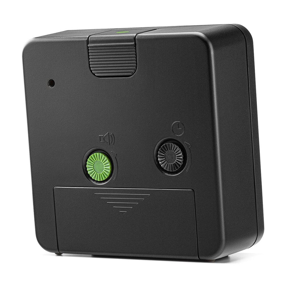 Black alarm clock back panel with speaker grille, button icons, and green status light