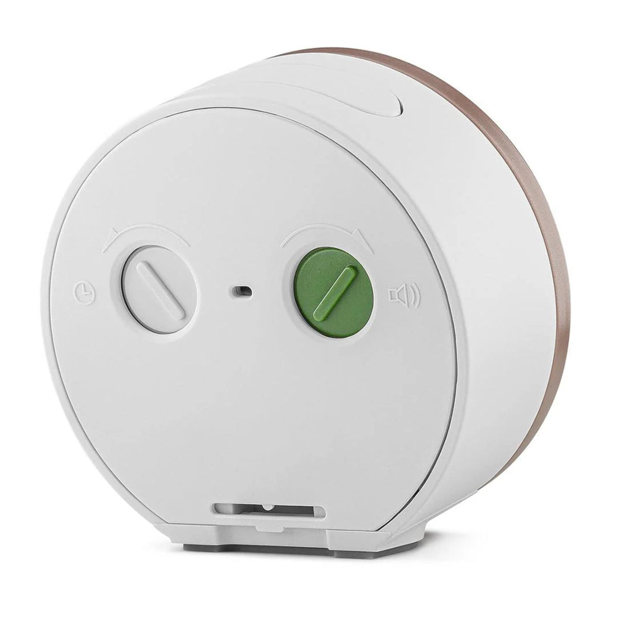 Braun quartz alarm clock back panel with green button and gray power controls