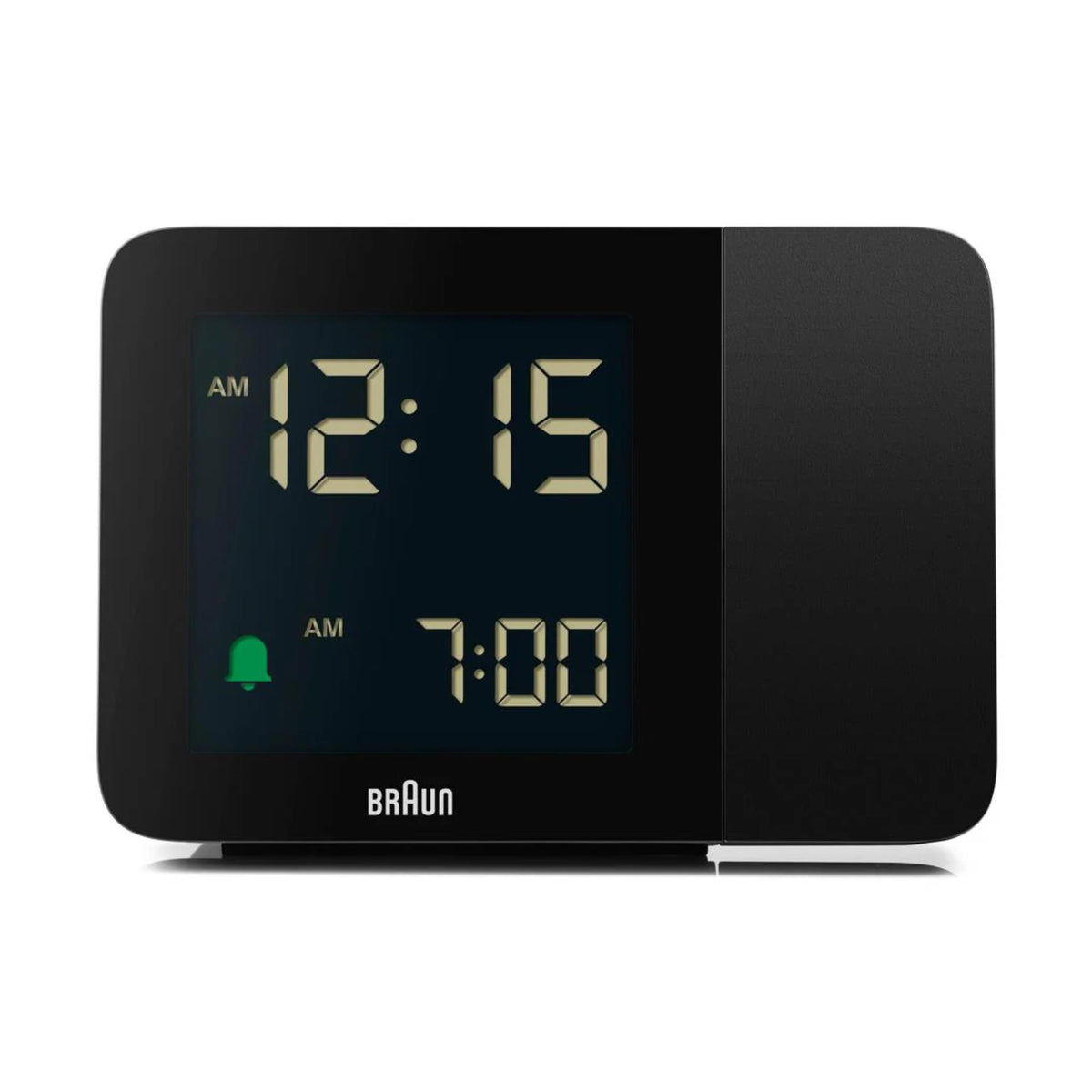 Black digital projection alarm clock with gold backlit display showing 12:15 and 7:00 AM