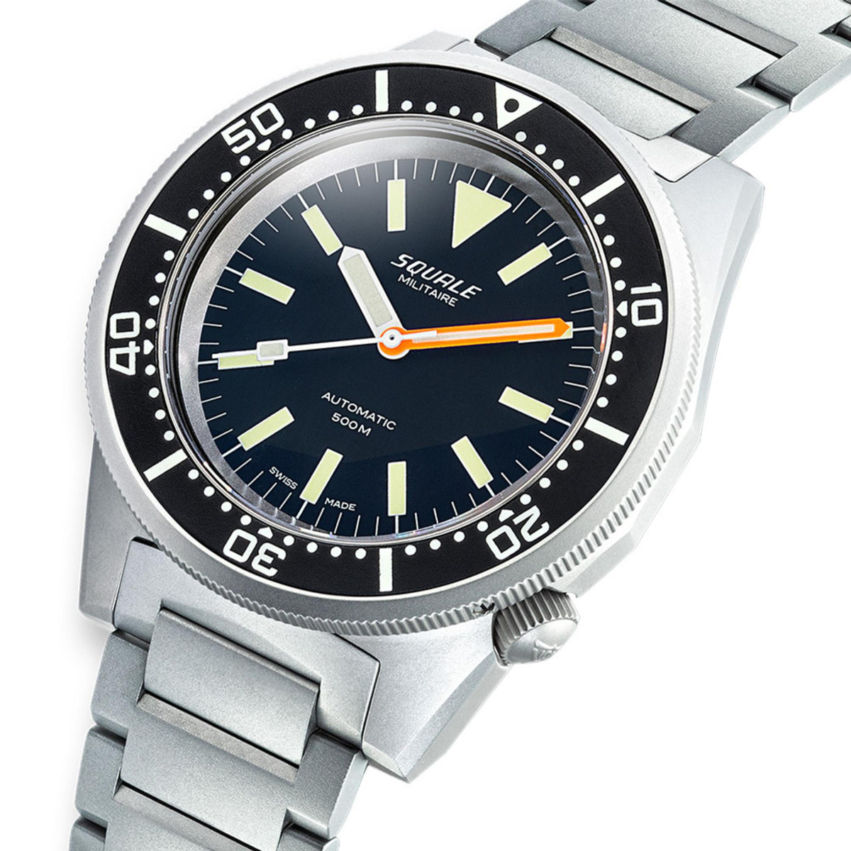 Men's Squale watch with black dial, orange hands, steel bracelet and dive bezel
