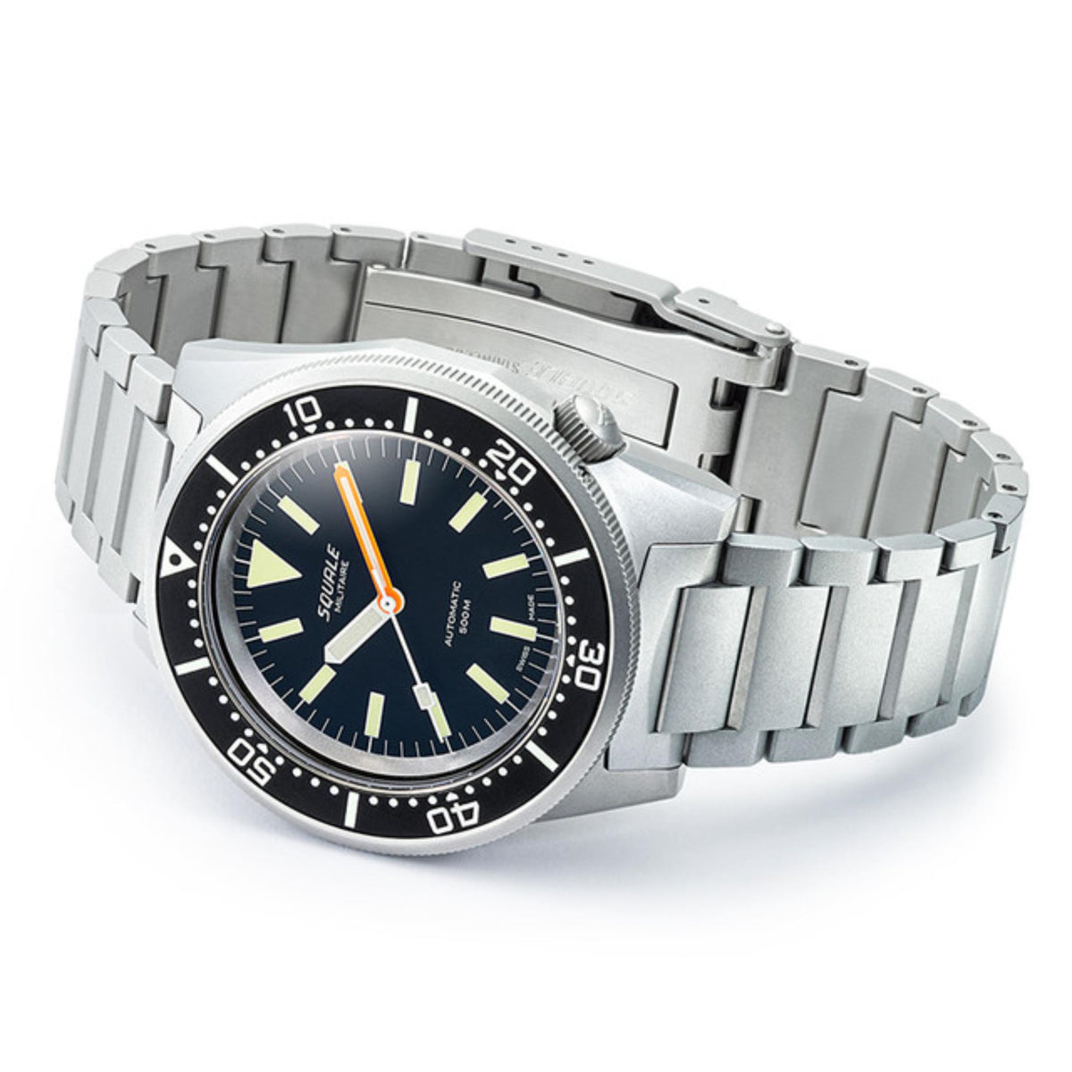 Men's Squale watch with black dial, orange seconds hand, steel bracelet (3/4 view)