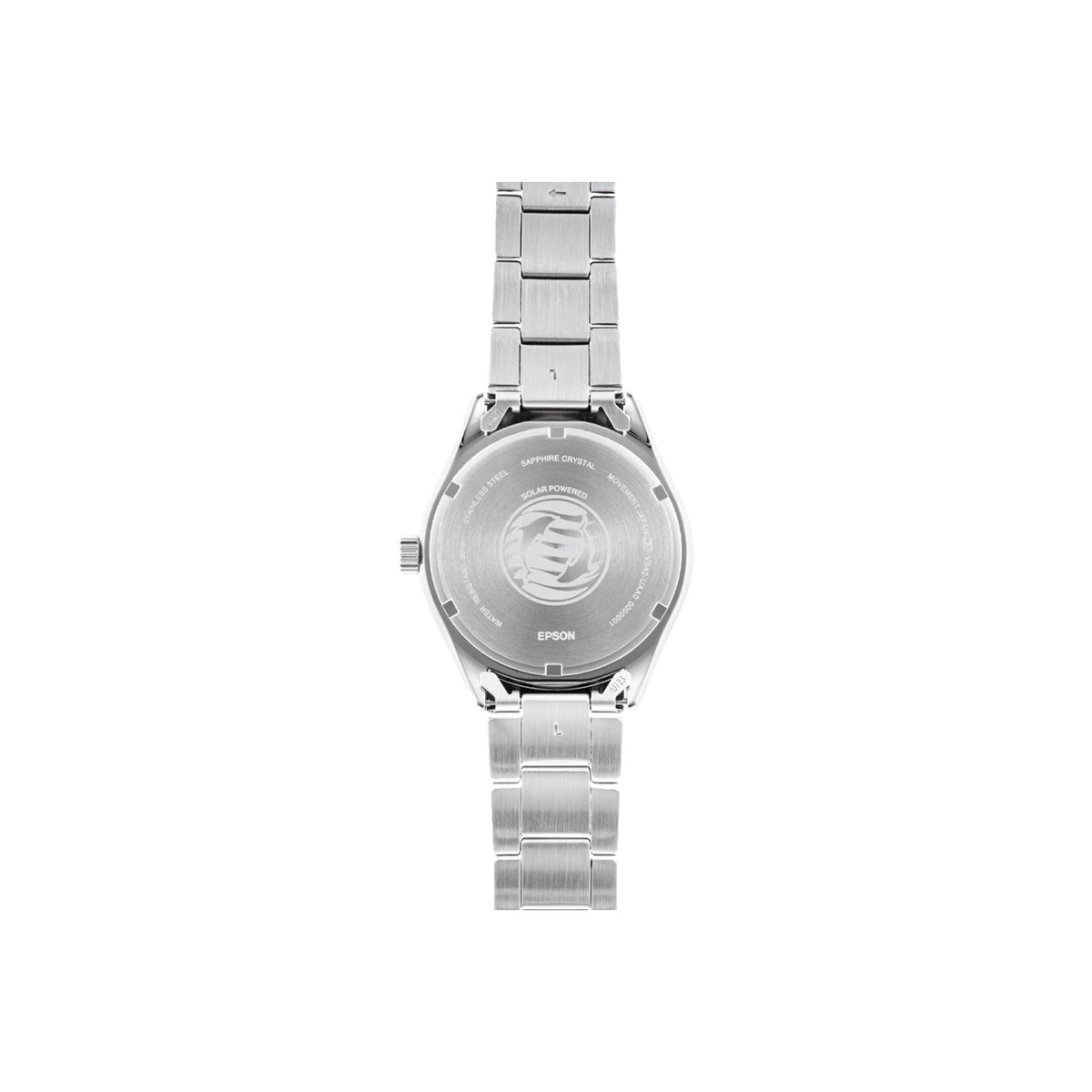 Stainless steel wristwatch with bracelet links and caseback engraving, top view