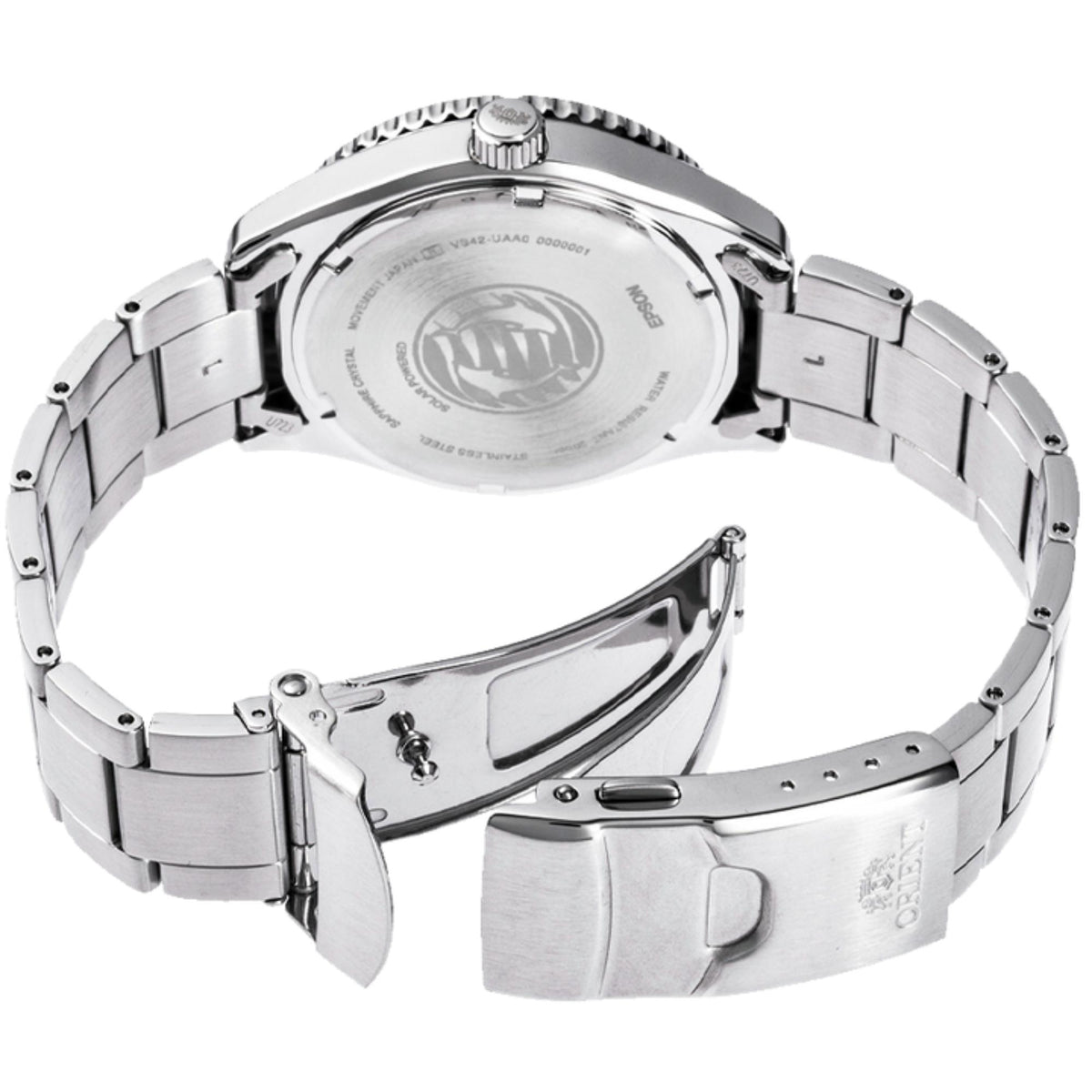 Men's Orient Mako solar watch back view with stainless steel clasp and caseback