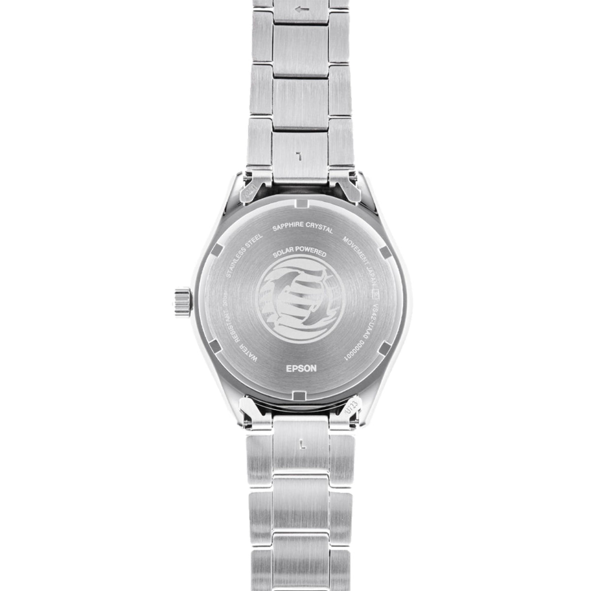 Men's Orient Mako solar watch caseback with stainless steel bracelet, logo visible